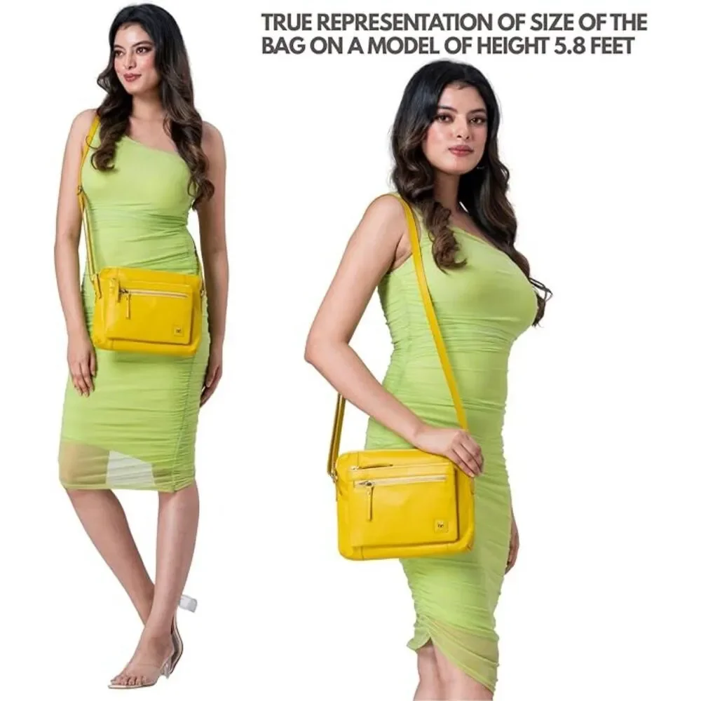 Women Yellow Imported Leather Polyester Soft Pebbled Crossbody Shoulder Bag